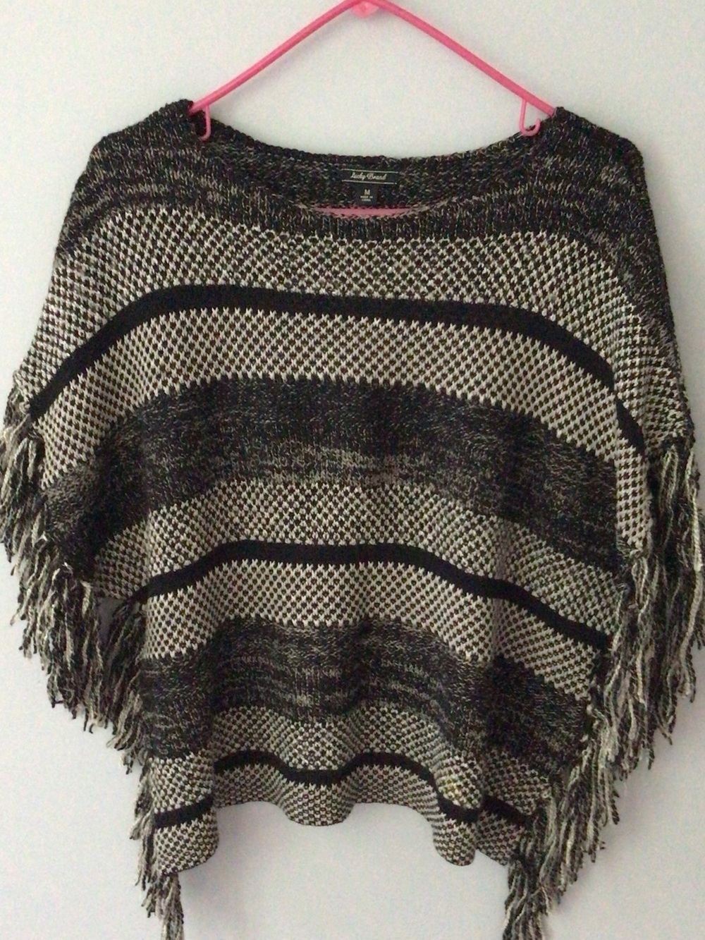 Lucky Brand Wool & Cotton Blend Fringe Knit Poncho Sweater - Black & Cream M